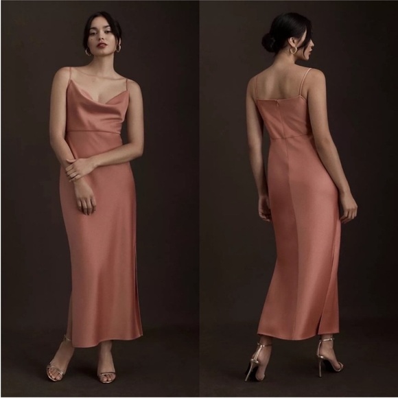 BHLDN Cali Satin Draped Cowl Neck Midi Slip Bridesmaid Dress Sedona - Picture 2 of 16